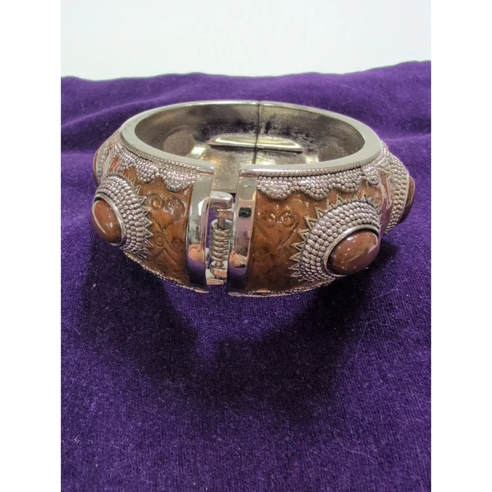 VTG brown enameled & textured silver-tone hinged clamp bracelet Statement Piece